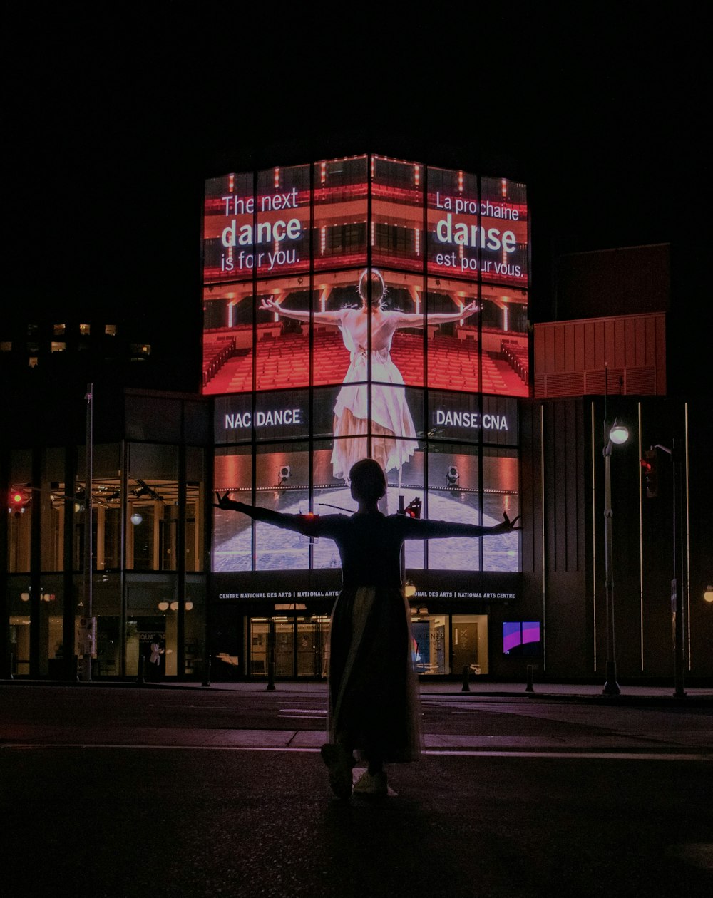 silhouette of man standing near building during night time