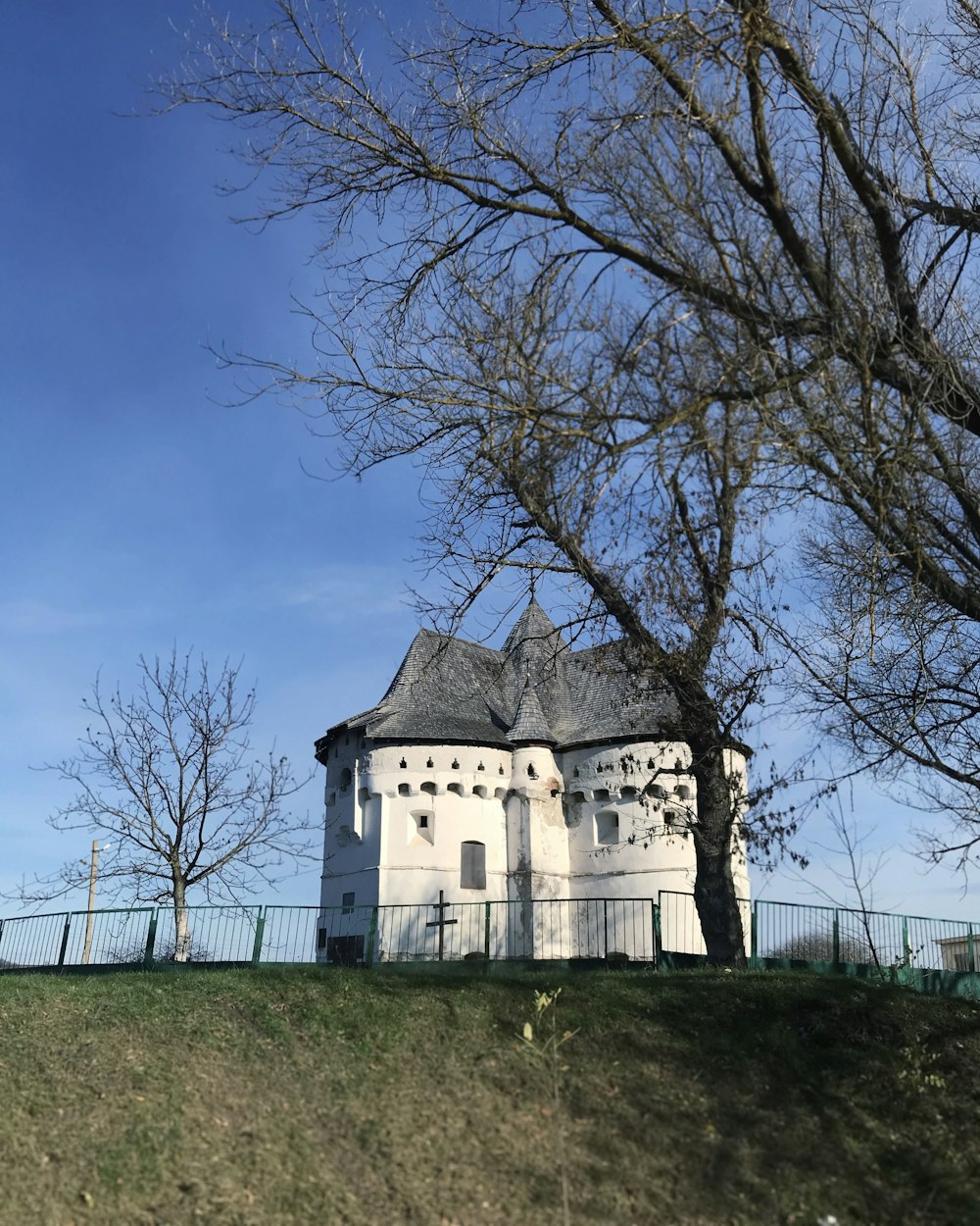 white concrete building near bare trees under blue sky during daytime