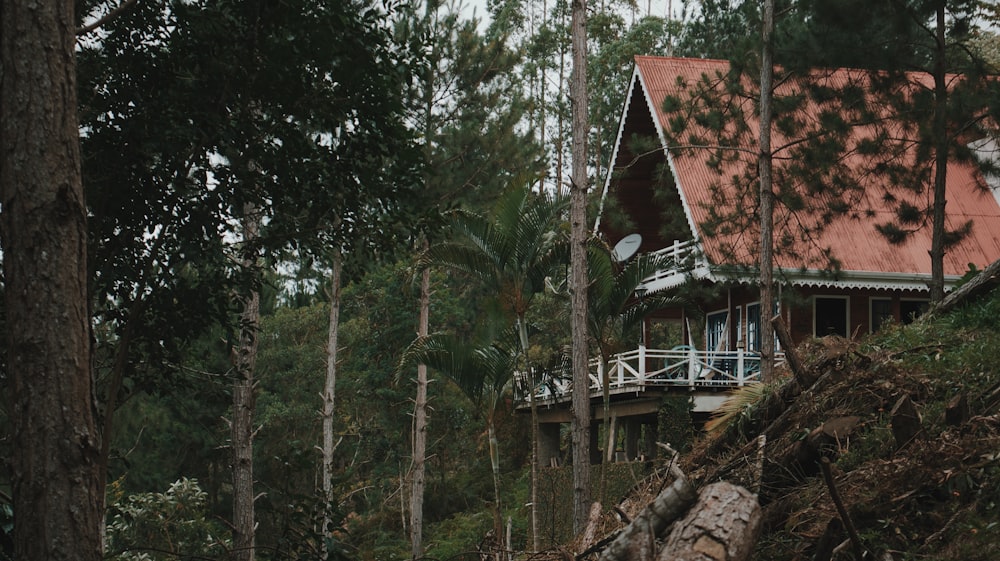 a house in the woods with a red roof