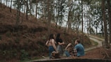 A team of filmmakers discussing a project in a forest.
