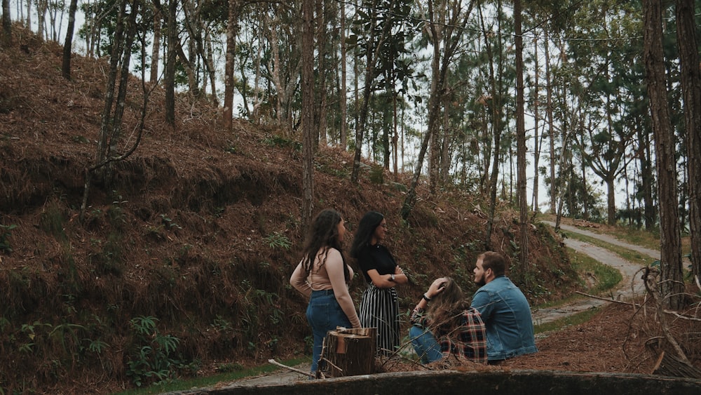 people sitting on brown wooden bench surrounded by trees during daytime