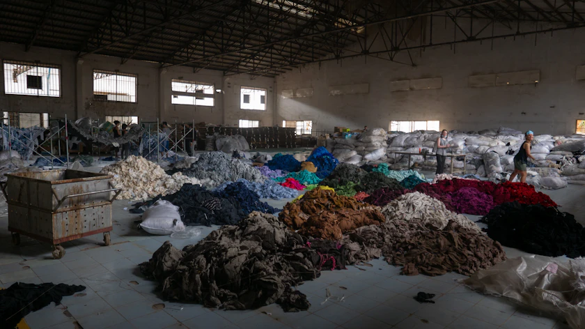 Workers sorting piles of mixed textile scraps by hand in a large industrial warehouse.