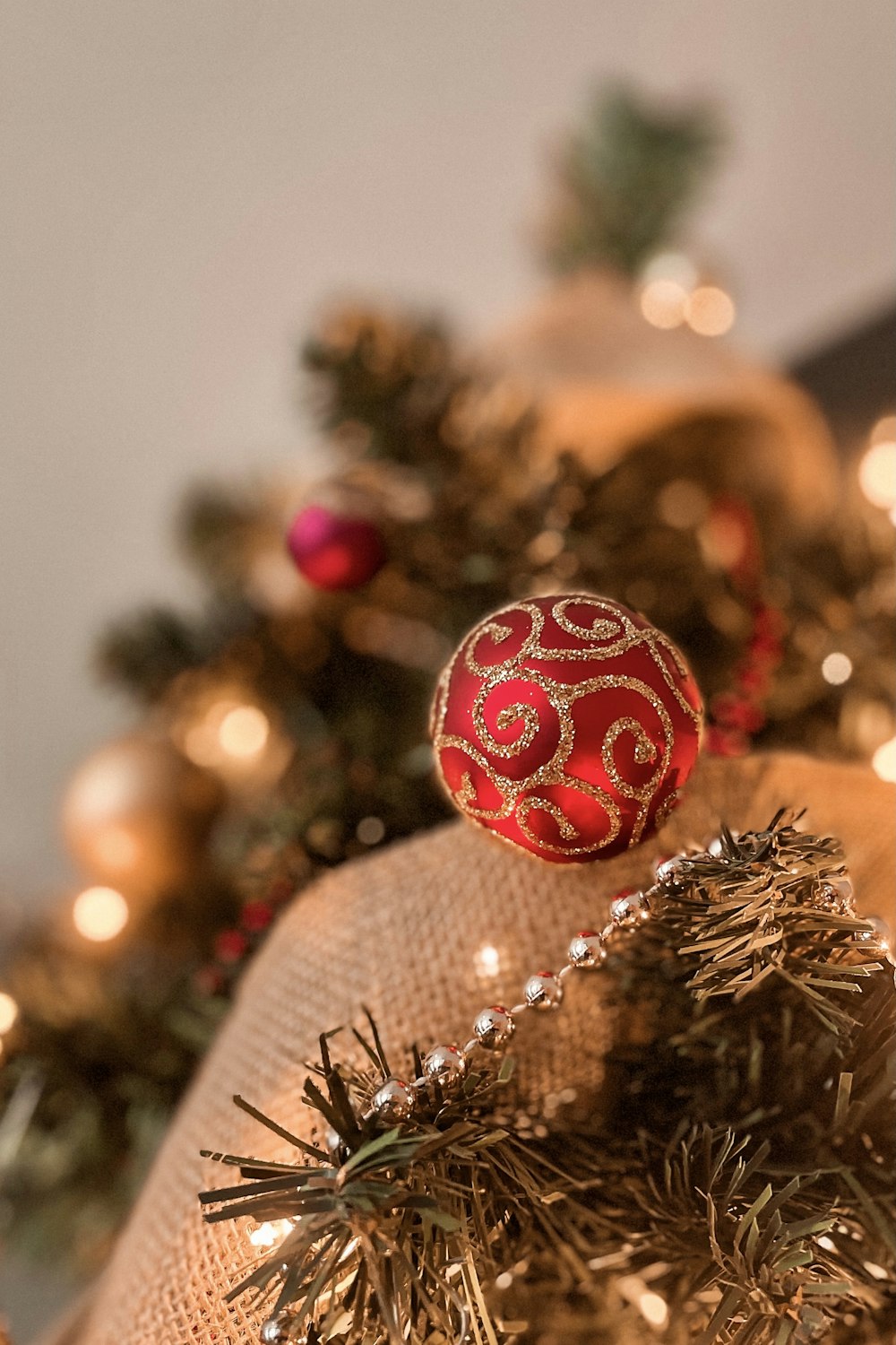 red and white christmas baubles