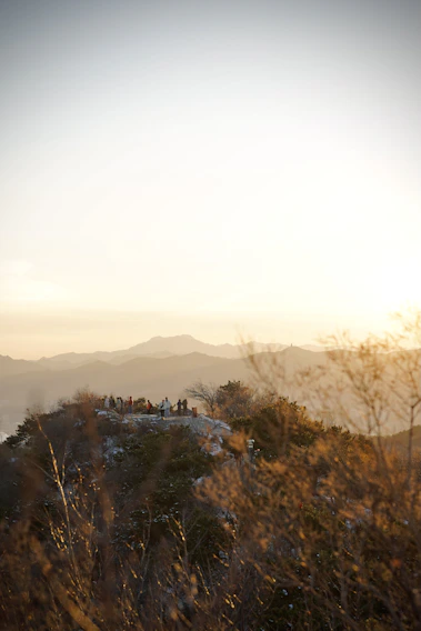 A warm, golden-hued photo of a serene group meditation outdoors during sunset.