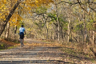 man in blue shirt riding bicycle on road during daytime