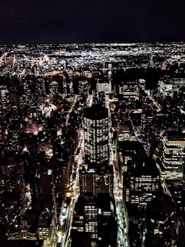 A sprawling cityscape at night with brightly lit skyscrapers and streets. The city is alive with clusters of lights from buildings, streetlights, and traffic creating a dynamic and vibrant urban environment. The sky above is dark, contrasting with the intense glow of the city.