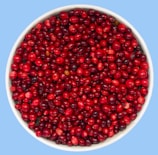 A bowl of ripe cranberries with green leaves.
