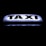 A bright, illuminated taxi sign against a dark background, featuring bold black lettering that stands out sharply.