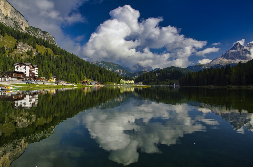 green trees beside lake under blue sky and white clouds during daytime