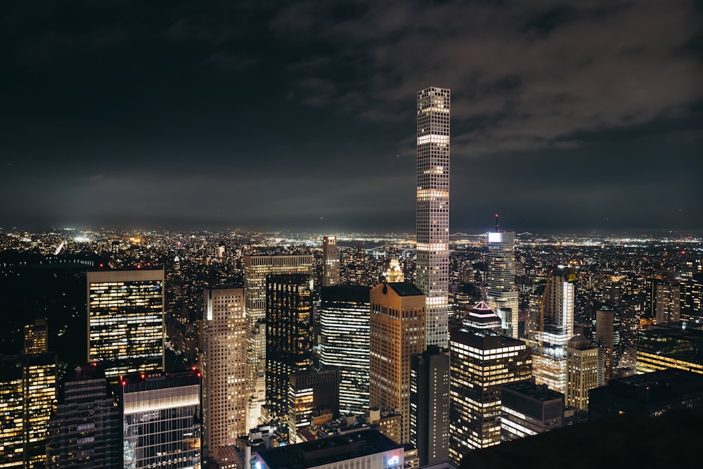 city skyline during night time