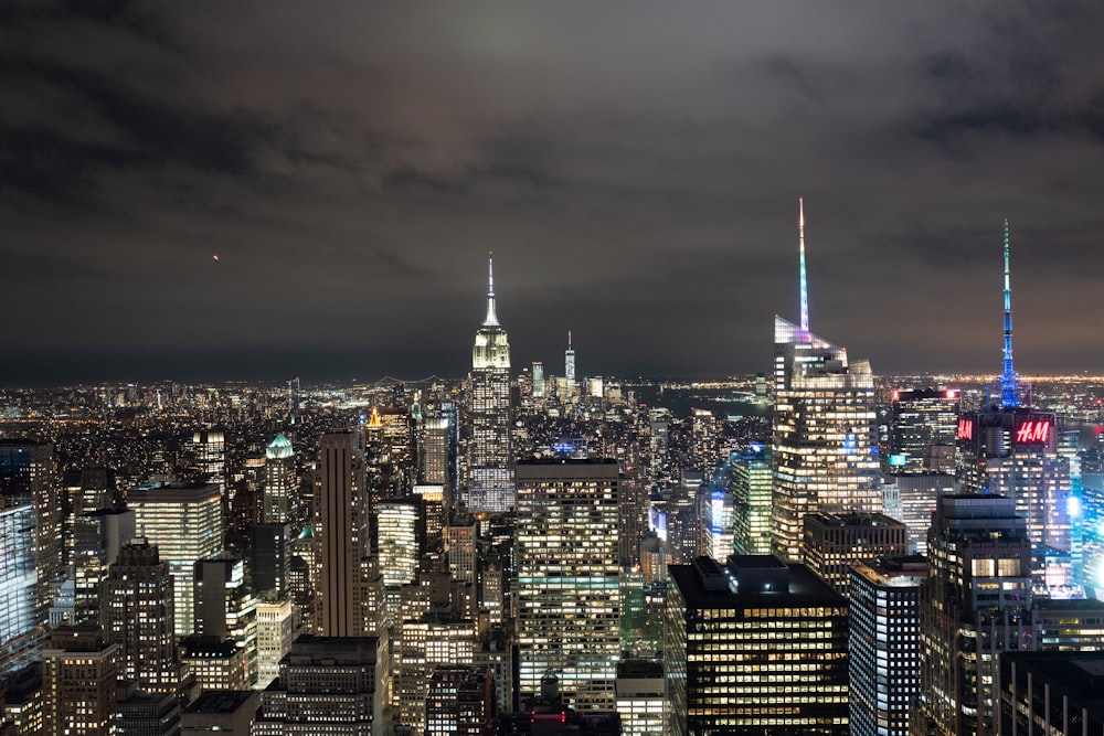 city skyline during night time