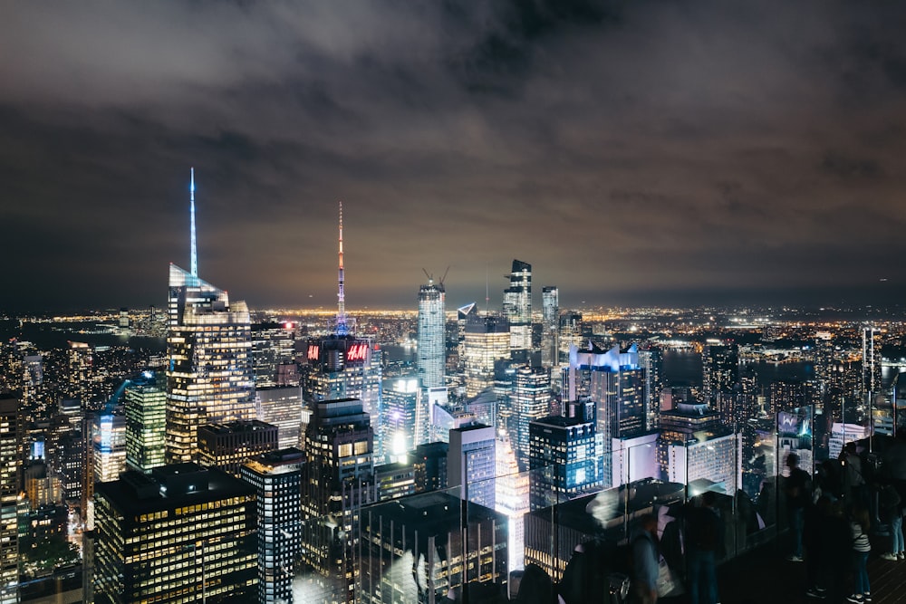 city skyline during night time