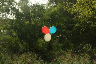 Kids playing with colorful balloons in a bright backyard setting.
