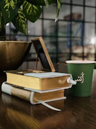 A peaceful corner with a Quran resting on a wooden stand beside a small green plant.