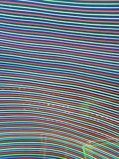 A vibrant array of multicolored horizontal light streaks, predominantly featuring shades of red, green, blue, and yellow. The lines undulate across a dark background, creating a dynamic pattern that suggests movement and energy.