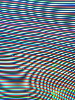 A vibrant array of multicolored horizontal light streaks, predominantly featuring shades of red, green, blue, and yellow. The lines undulate across a dark background, creating a dynamic pattern that suggests movement and energy.