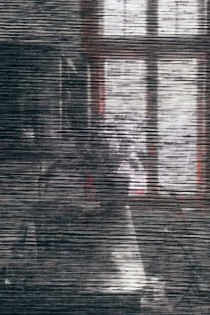 A moody, grainy still from a 70s-inspired true crime media art piece with shadowy figures and flickering lights.