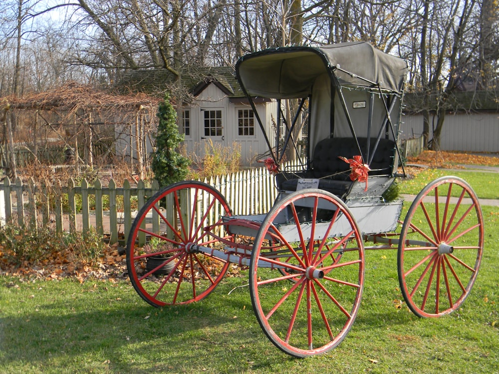 昼間の緑の芝生に茶色の木造馬車