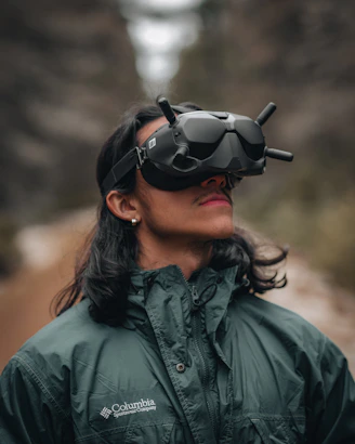A traveler wearing VR goggles immersed in a lush green forest environment, symbolizing the blend of technology and nature.