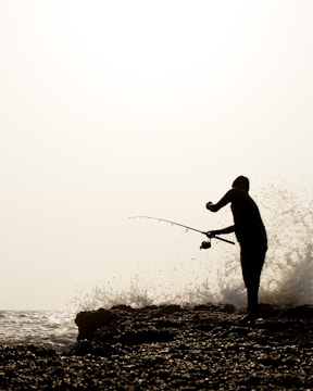 silhouette of man fishing on sea during daytime
