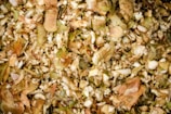 A close-up view of a pile of mixed vegetable and fruit peels, showcasing a variety of textures and colors. The image consists of brown, beige, green, and hints of red peels intermingled, suggesting organic waste or compost material.