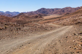 A winding dirt road cutting through the red sands of the Australian outback under a vast blue sky.