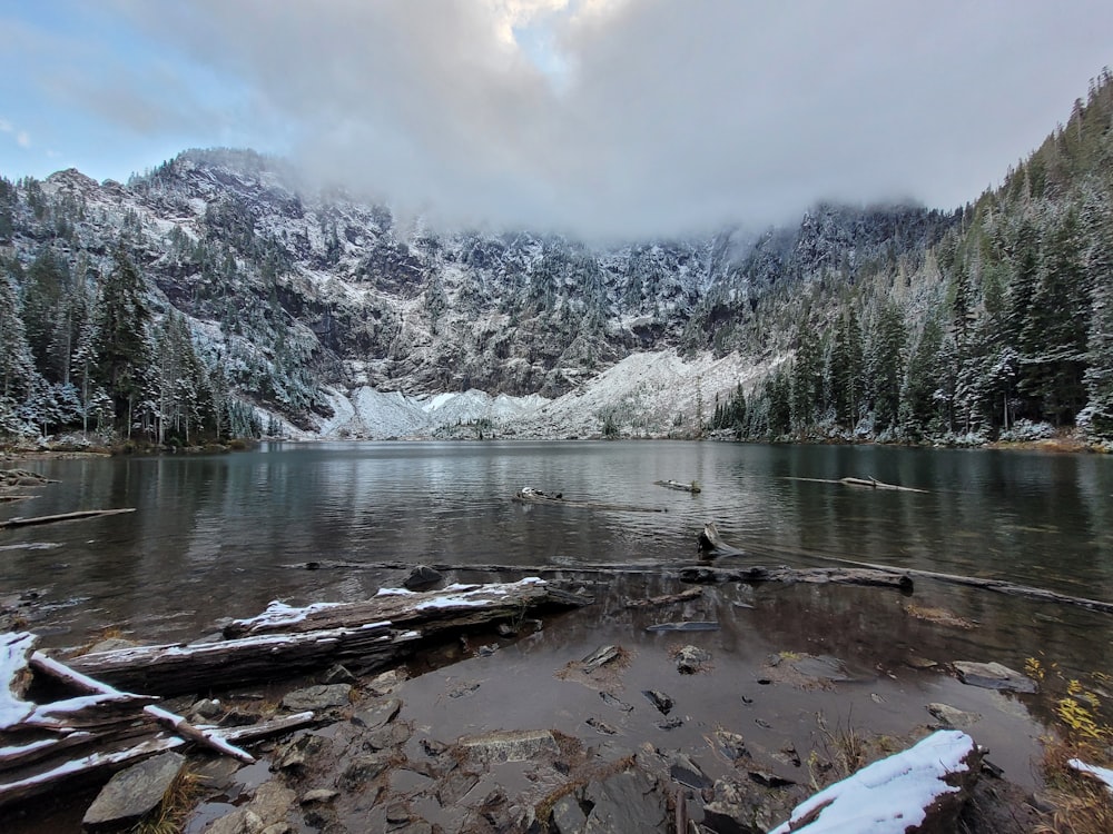 body of water near snow covered mountain during daytime