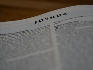 A page from a book with the title 'JOSHUA' in bold letters at the top. The text is in English and appears to be part of a religious or historical document. The image is slightly out of focus, particularly toward the bottom, and it has a warm, muted lighting.