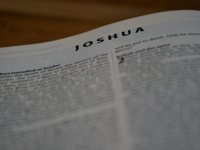 A page from a book with the title 'JOSHUA' in bold letters at the top. The text is in English and appears to be part of a religious or historical document. The image is slightly out of focus, particularly toward the bottom, and it has a warm, muted lighting.