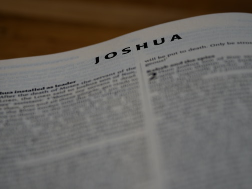 A page from a book with the title 'JOSHUA' in bold letters at the top. The text is in English and appears to be part of a religious or historical document. The image is slightly out of focus, particularly toward the bottom, and it has a warm, muted lighting.