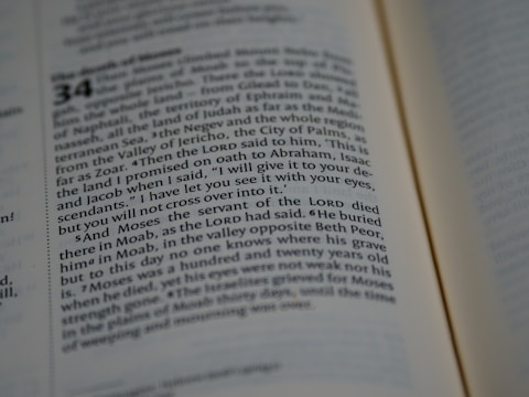 A close-up view of a Bible passage, focusing on a section of text with chapter and verse numbers visible. The text is formatted in two columns on a cream-colored page with thin black lines separating sections.