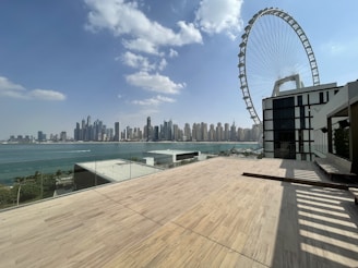 City skyline view from a rooftop terrace.