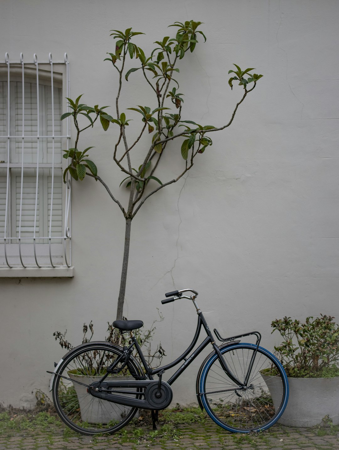 black city bike parked beside white concrete wall