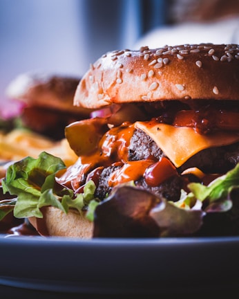 A close-up of a juicy burger featuring a sesame seed bun, melting cheese, and a beef patty, all drizzled with sauce. Fresh lettuce is visible at the base, enhancing the richness of the ingredients.
