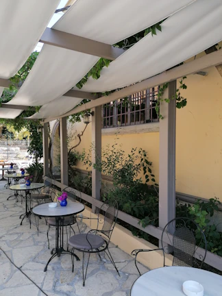 Outdoor patio with Mediterranean plants and comfortable seating under a pergola.