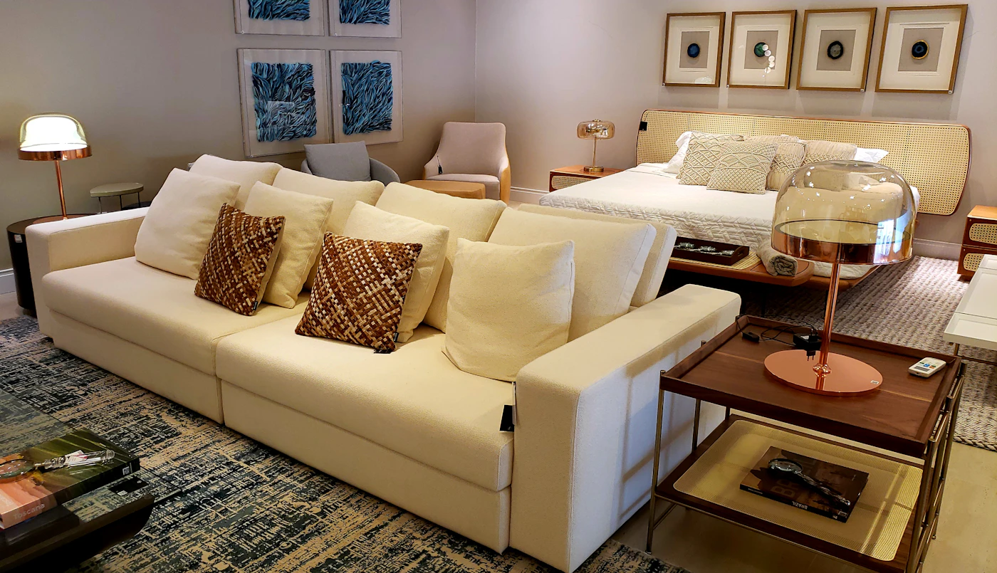 Neutral living room with wooden shelves