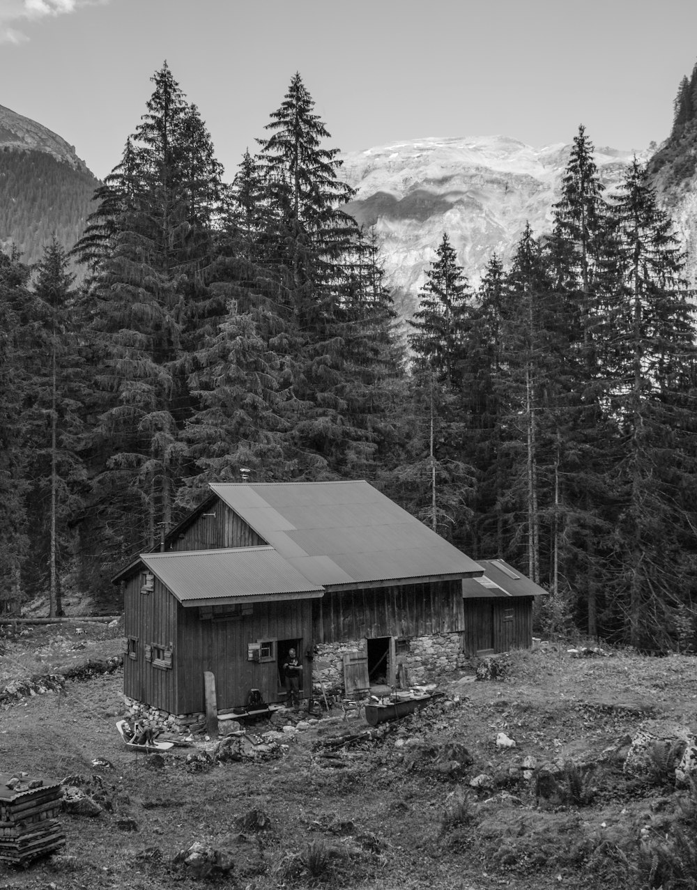 brown wooden house near green trees and mountain during daytime