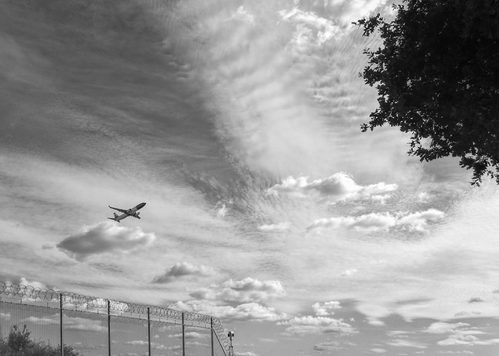 Foto en escala de grises de un avión volando sobre los árboles