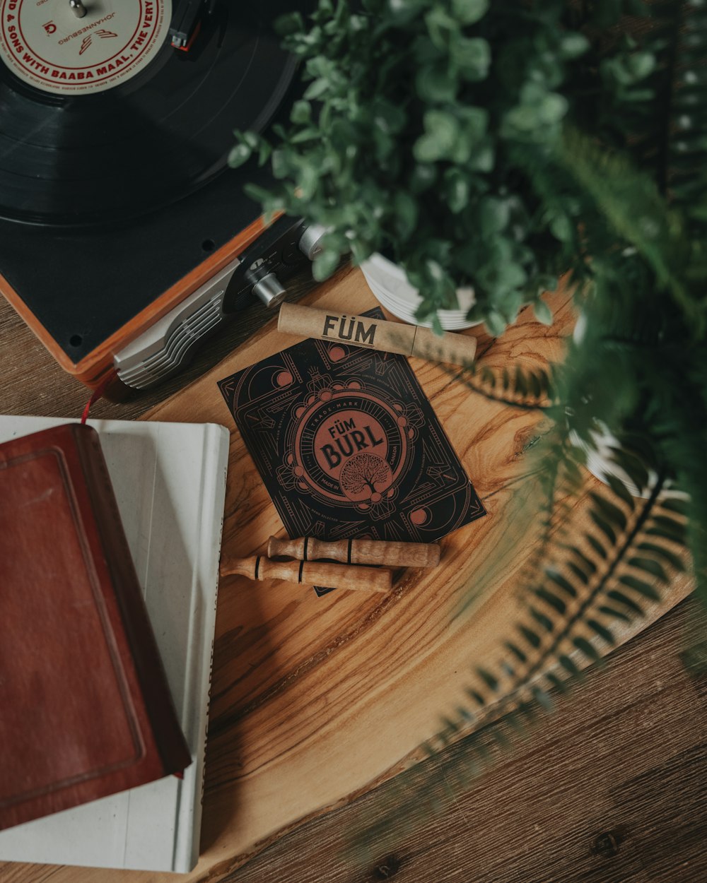 black and white box on brown wooden table