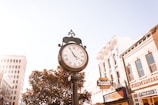 A charming street clock illuminating a quaint downtown street lined with shops in the evening.