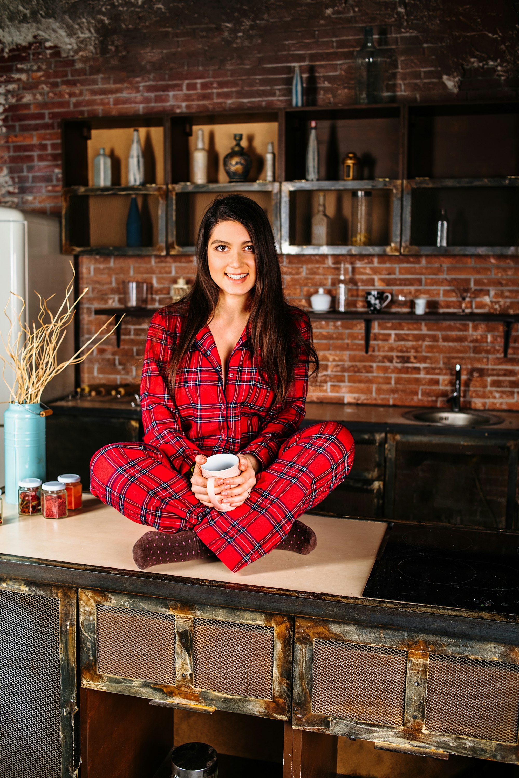 woman in plaid flannel pjs