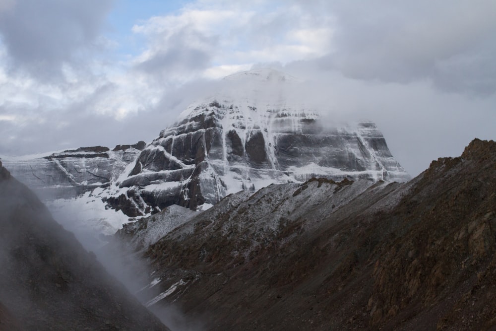 snow covered mountain under cloudy sky during daytime