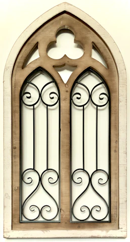 A window frame crafted from iron tubing, showcasing fine hardware details.