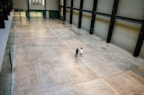 A large, empty industrial space with a concrete floor and high walls. Two people stand at the center of the floor, appearing small in the expansive surroundings. The area is well-lit with natural light coming through windows at one end of the room.