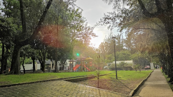 A serene park setting featuring lush green trees and a playground area with slides. Sunlight filters through the trees, creating a warm, gentle glow. A paved pathway runs through the park, adjacent to a grassy area where a large truck is parked near the trees.