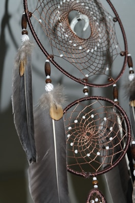 A close-up view of a dreamcatcher with intricate webbing details. The dreamcatcher is adorned with brown beads, white stones, and several large feathers which hang down elegantly. The webbing is finely crafted, featuring a circular pattern, and the feathers have a mix of gray and brown tones.