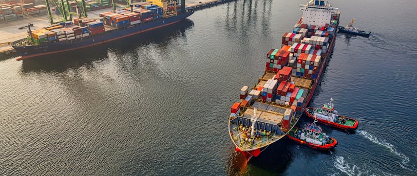 red and blue cargo ship on body of water during daytime