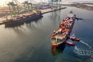 red and blue cargo ship on body of water during daytime