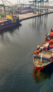 red and blue cargo ship on body of water during daytime