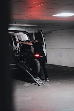 black suv in a garage